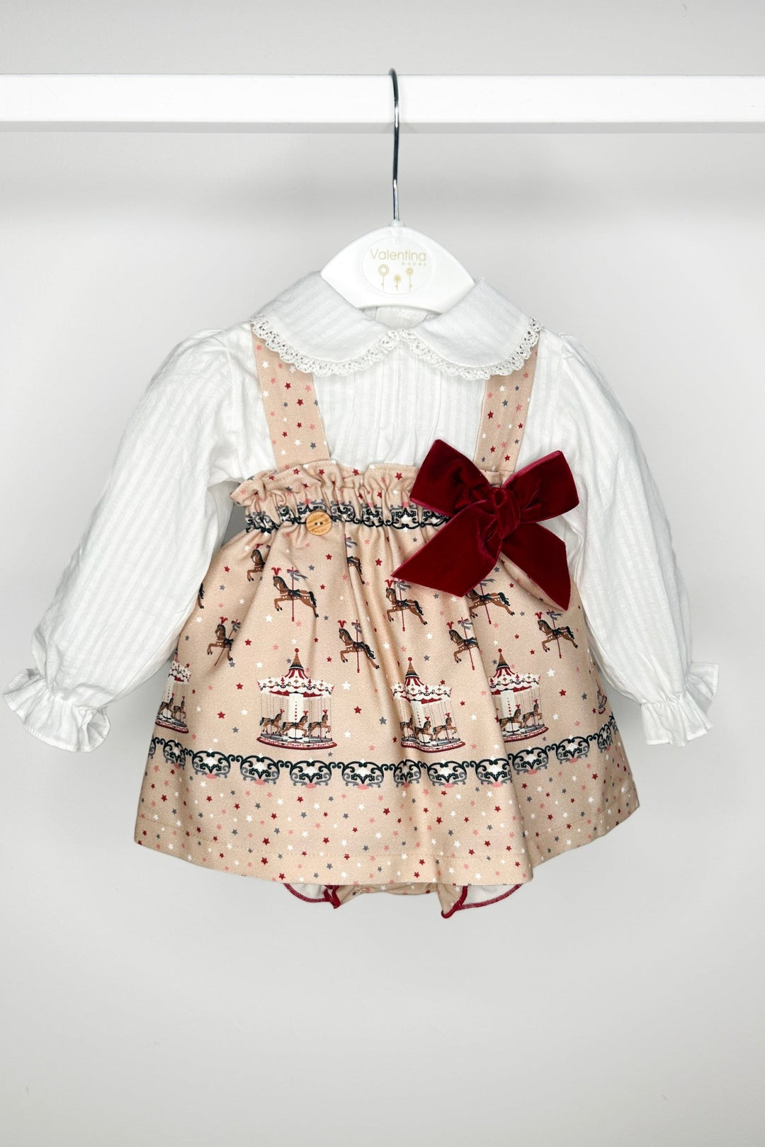 Valentina Bebes "Isadora" Burgundy Carousel Pony Pinafore Dress Set - Millie and John
