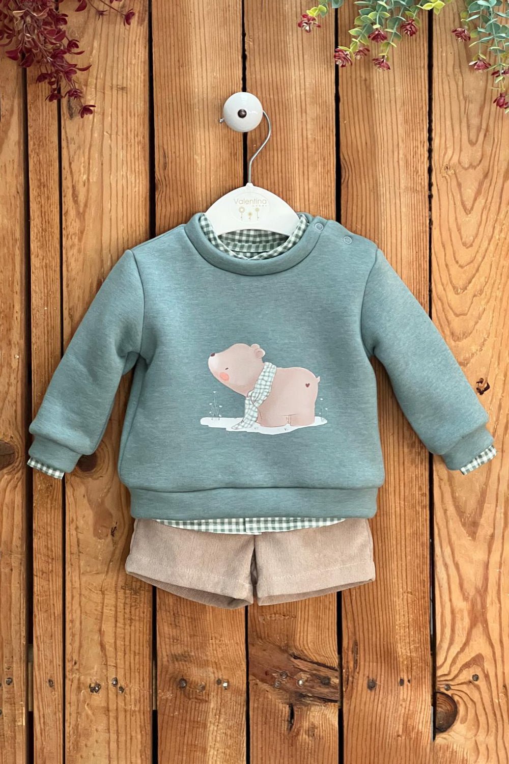 Valentina Bebés "Joshua" Teal Bear Sweatshirt, Gingham Shirt & Shorts - Millie and John