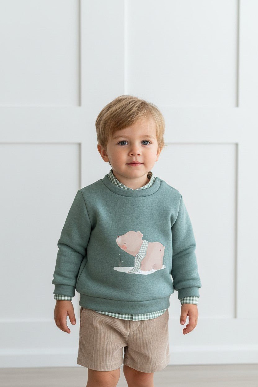 Valentina Bebés "Joshua" Teal Bear Sweatshirt, Gingham Shirt &amp; Shorts - Millie and John