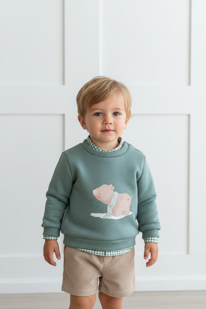 Valentina Bebés "Joshua" Teal Bear Sweatshirt, Gingham Shirt &amp; Shorts - Millie and John