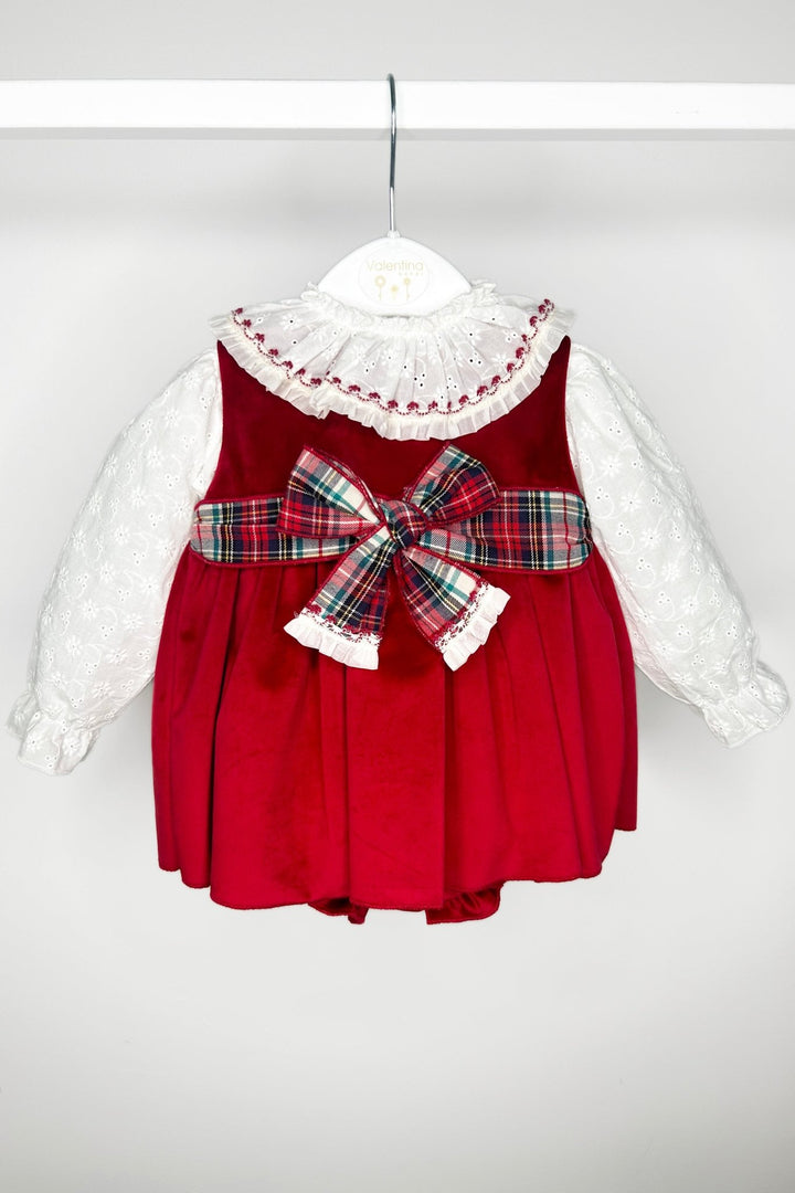 Valentina Bebes "Katie" Broderie Anglaise Blouse & Red Velvet Pinafore Dress Set - Millie and John