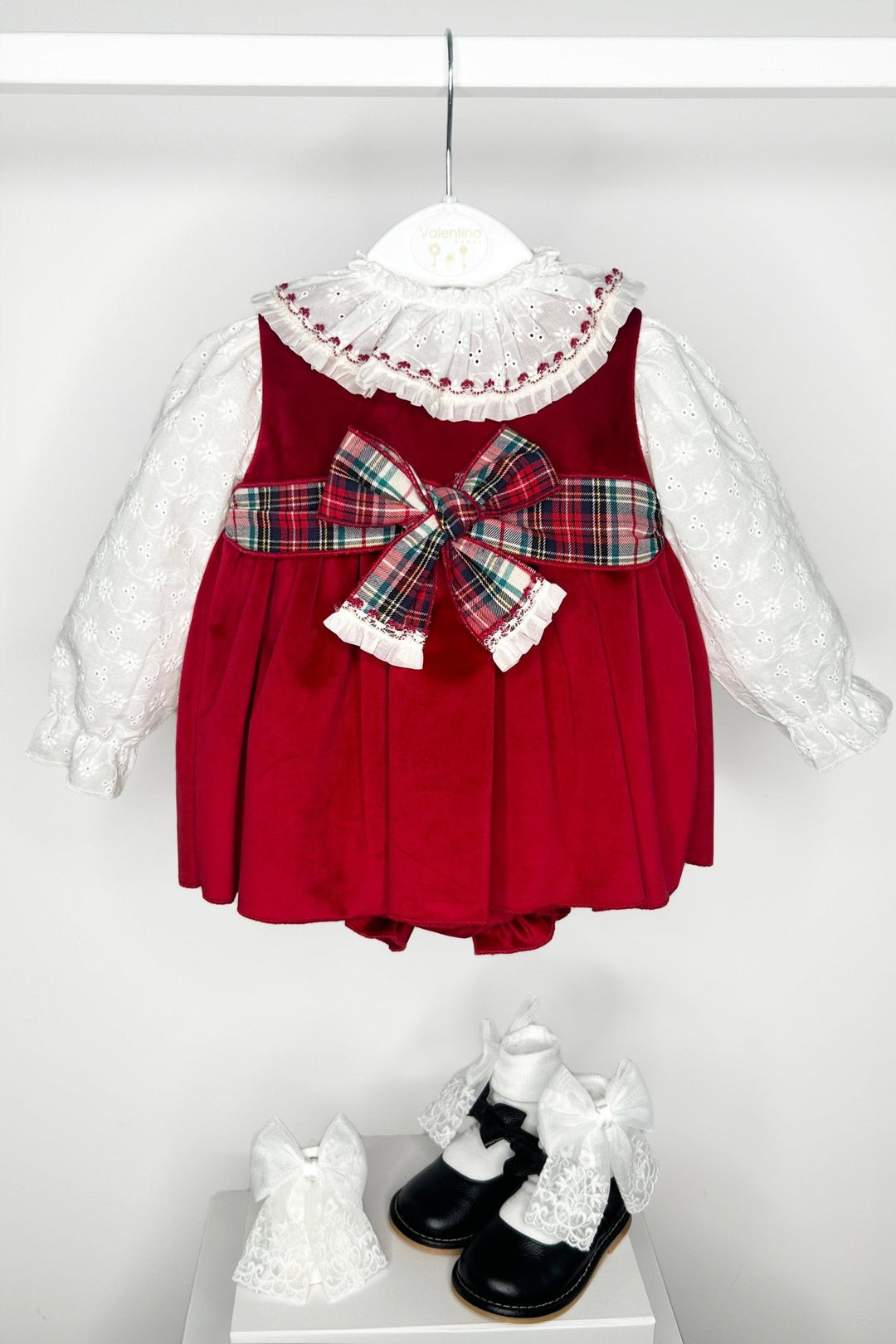 Valentina Bebes "Katie" Broderie Anglaise Blouse & Red Velvet Pinafore Dress Set - Millie and John