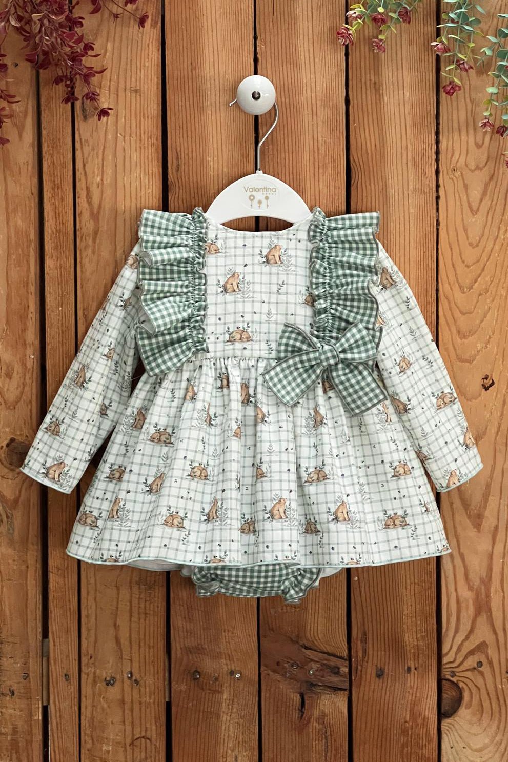 Valentina Bebés "Layla" Sage Green Gingham Bear Dress & Bloomers - Millie and John