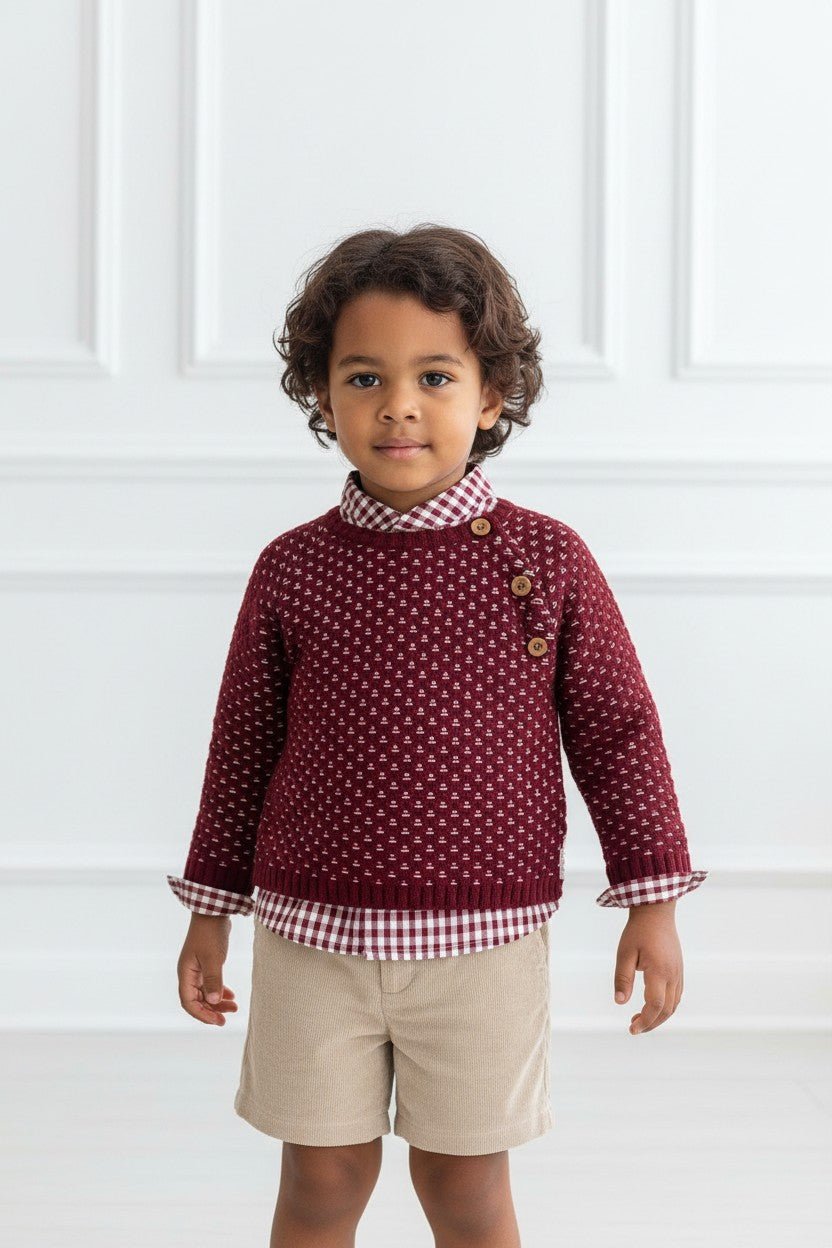 Valentina Bebés "Lenny" Burgundy Jumper, Gingham Shirt & Shorts - Millie and John