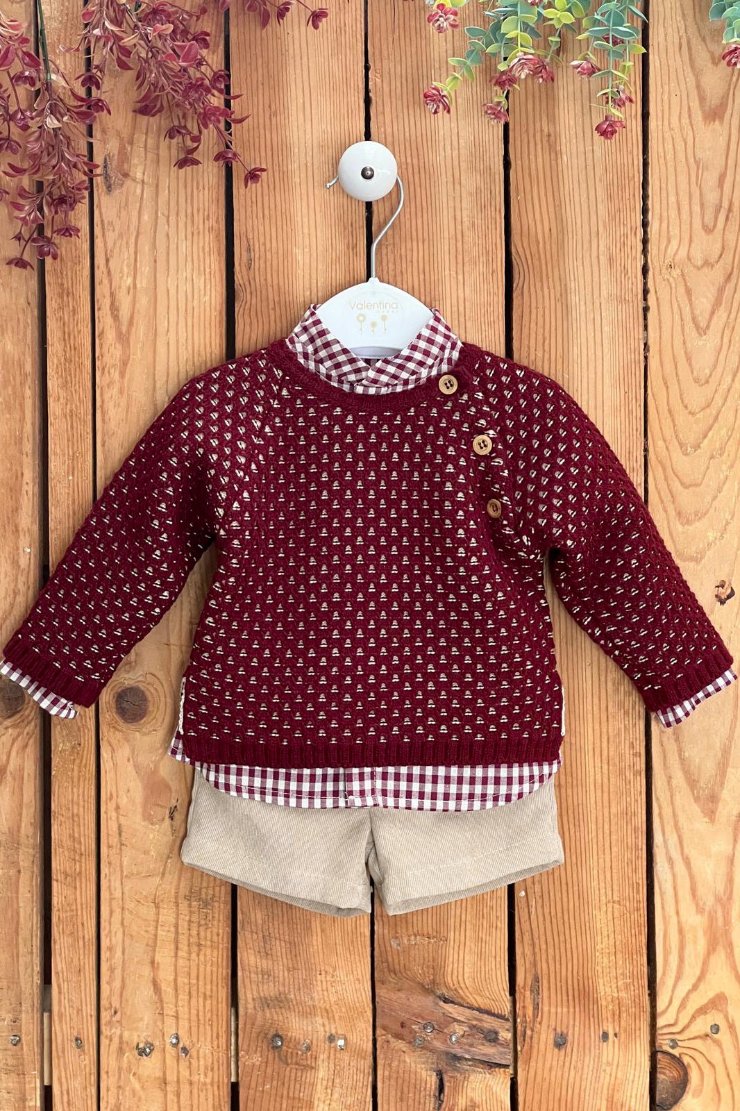Valentina Bebés "Lenny" Burgundy Jumper, Gingham Shirt & Shorts - Millie and John