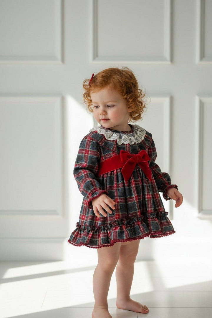 Valentina Bebés "Leona" Charcoal Grey &amp; Red Tartan Dress - Millie and John
