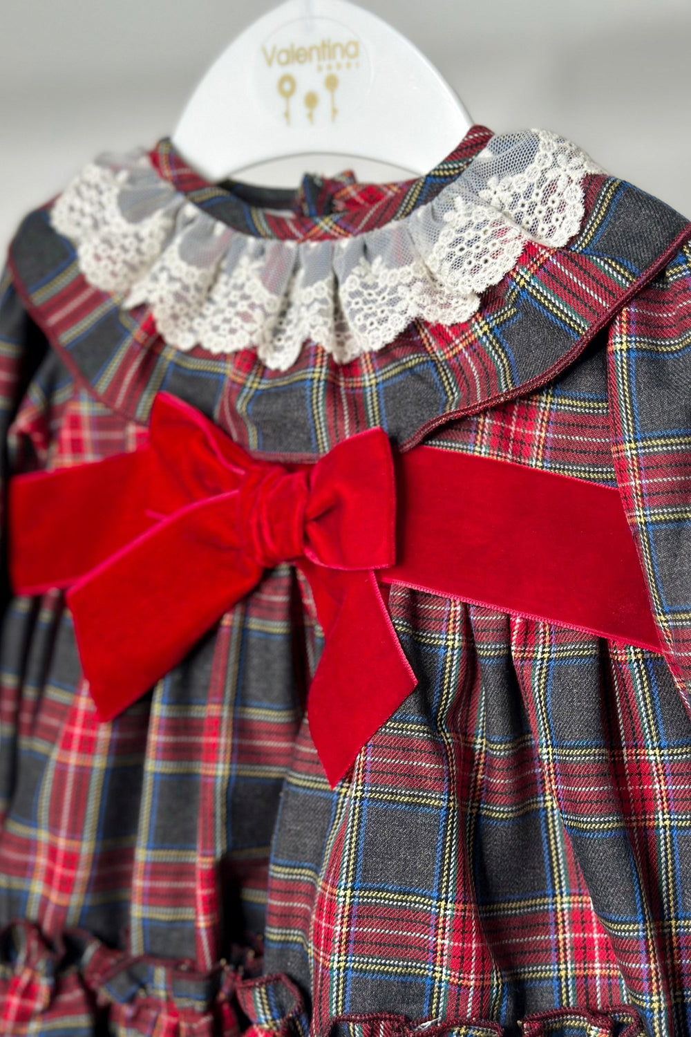 Valentina Bebés "Leona" Charcoal Grey & Red Tartan Dress - Millie and John