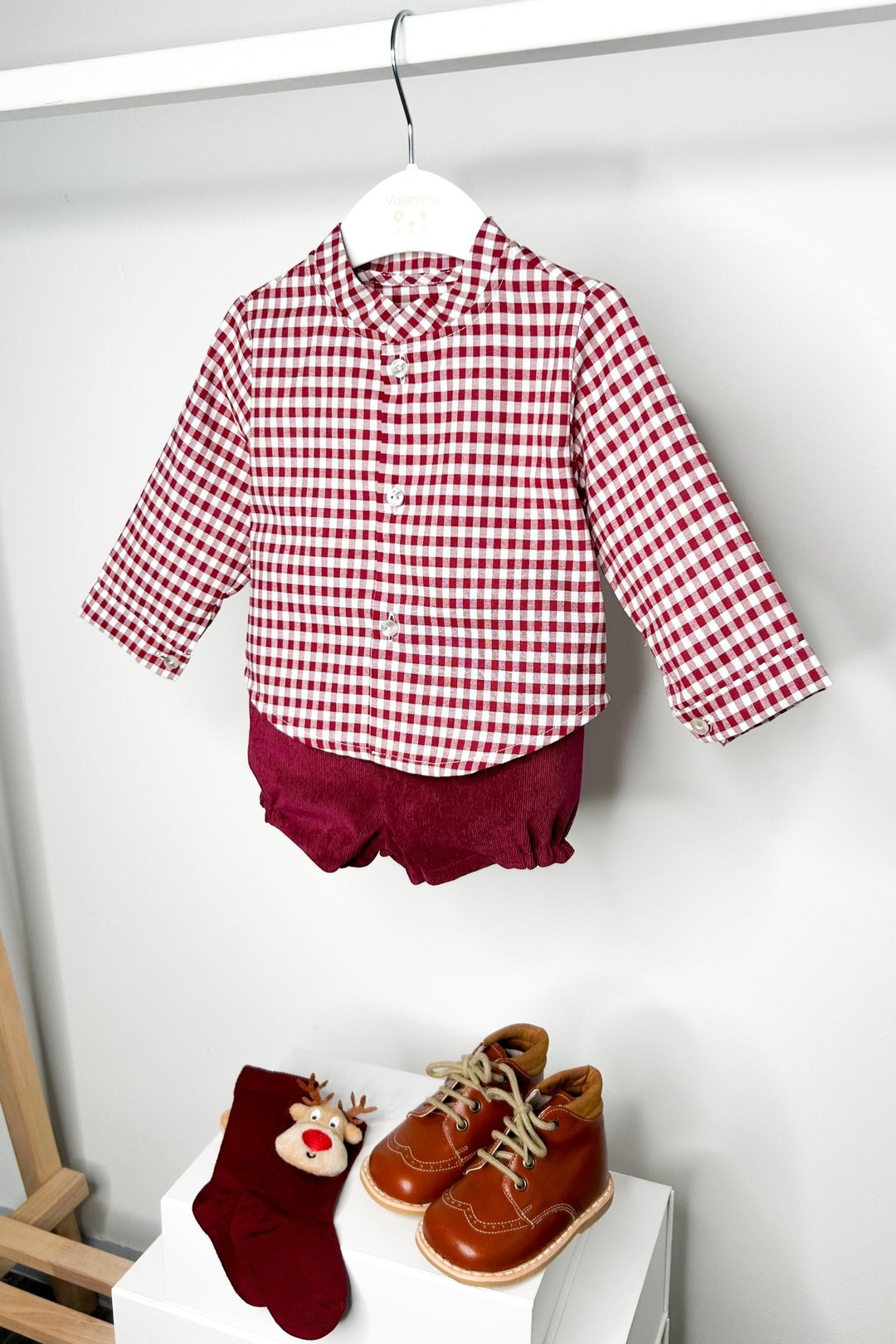 Valentina Bebes "Leonardo" Burgundy Gingham Shirt & Shorts - Millie and John