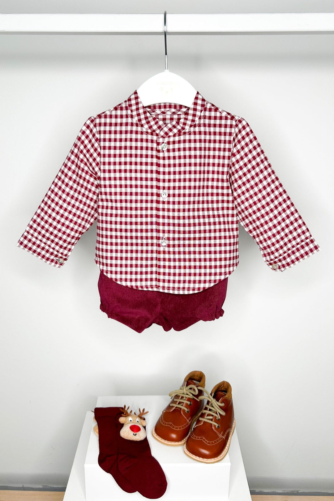 Valentina Bebes "Leonardo" Burgundy Gingham Shirt & Shorts - Millie and John