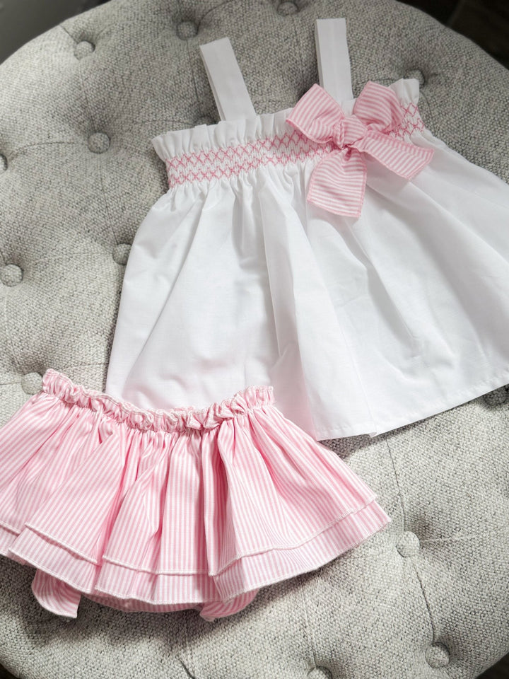 Valentina Bebés "Lila" White & Pink Striped Smocked Blouse & Skort - Millie and John
