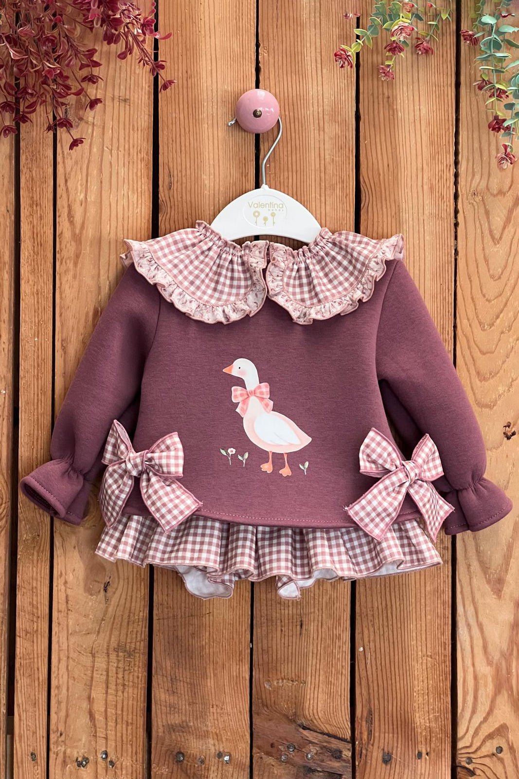 Valentina Bebés "Lilah" Plum Goose Sweatshirt & Gingham Skort - Millie and John