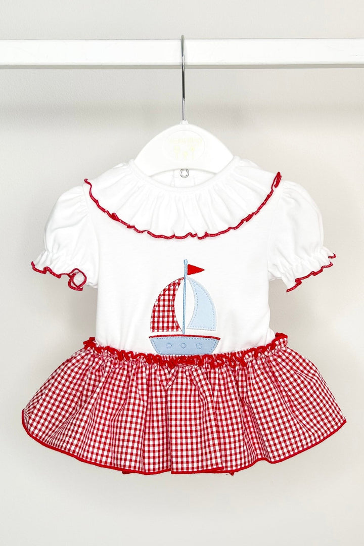Valentina Bebés "Liliana" Red Sailboat Top & Gingham Bloomer Skirt - Millie and John