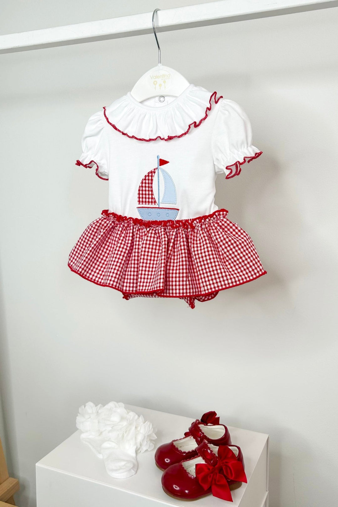 Valentina Bebés "Liliana" Red Sailboat Top & Gingham Bloomer Skirt - Millie and John