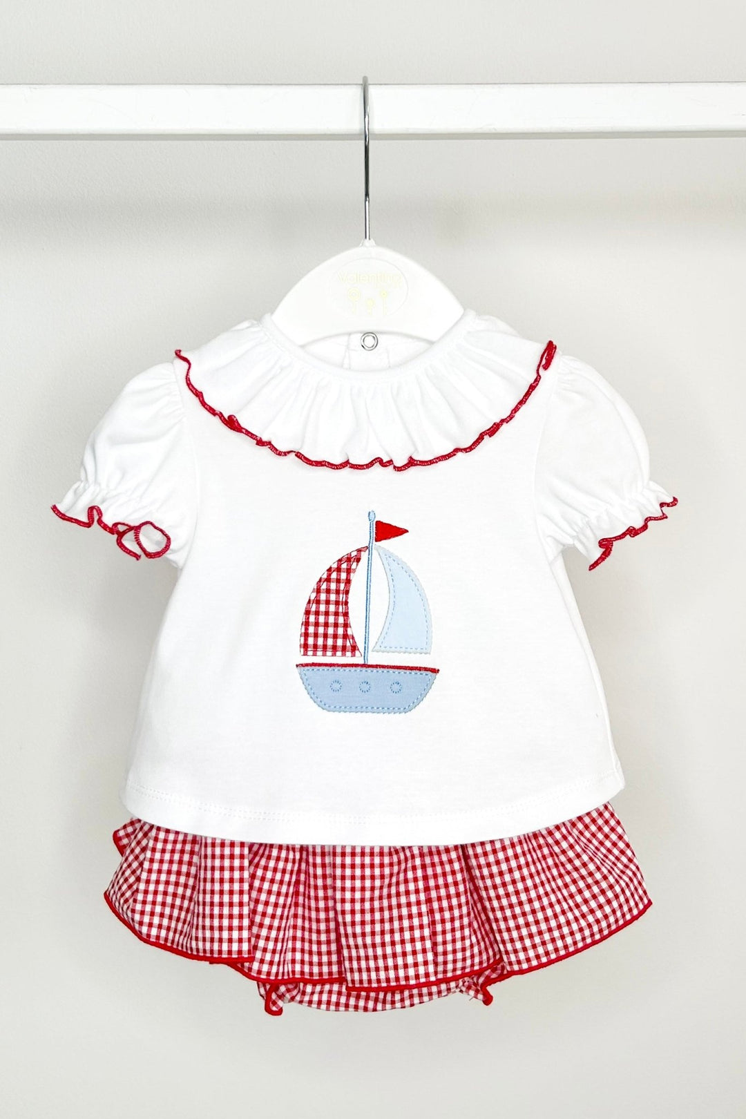 Valentina Bebés "Liliana" Red Sailboat Top & Gingham Bloomer Skirt - Millie and John