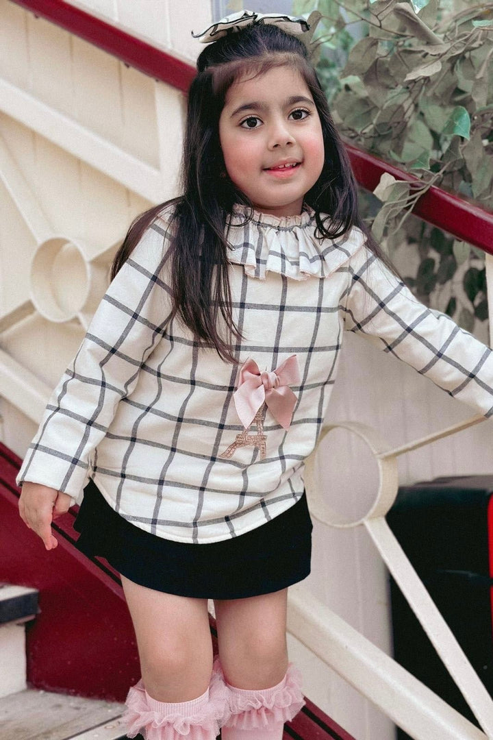 Valentina Bebes "Macie" Ecru Checked Sweatshirt & Black Skirt - Millie and John