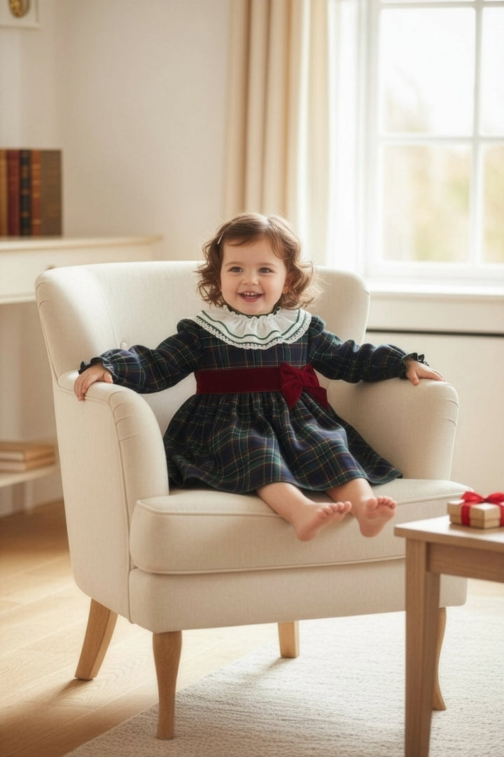 Valentina Bebés "Madeleine" Bottle Green Tartan Dress & Bloomers - Millie and John