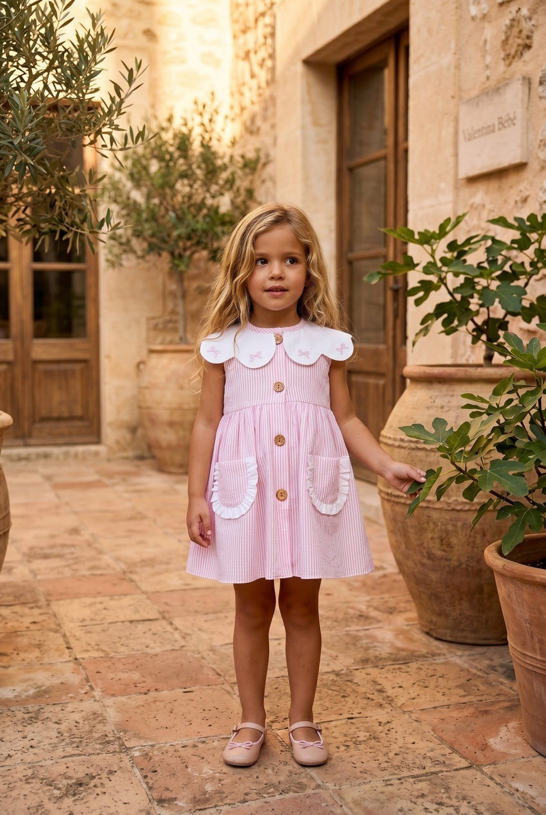 Valentina Bebés "Maisie" Pink Striped Bow Dress & Bloomers - Millie and John