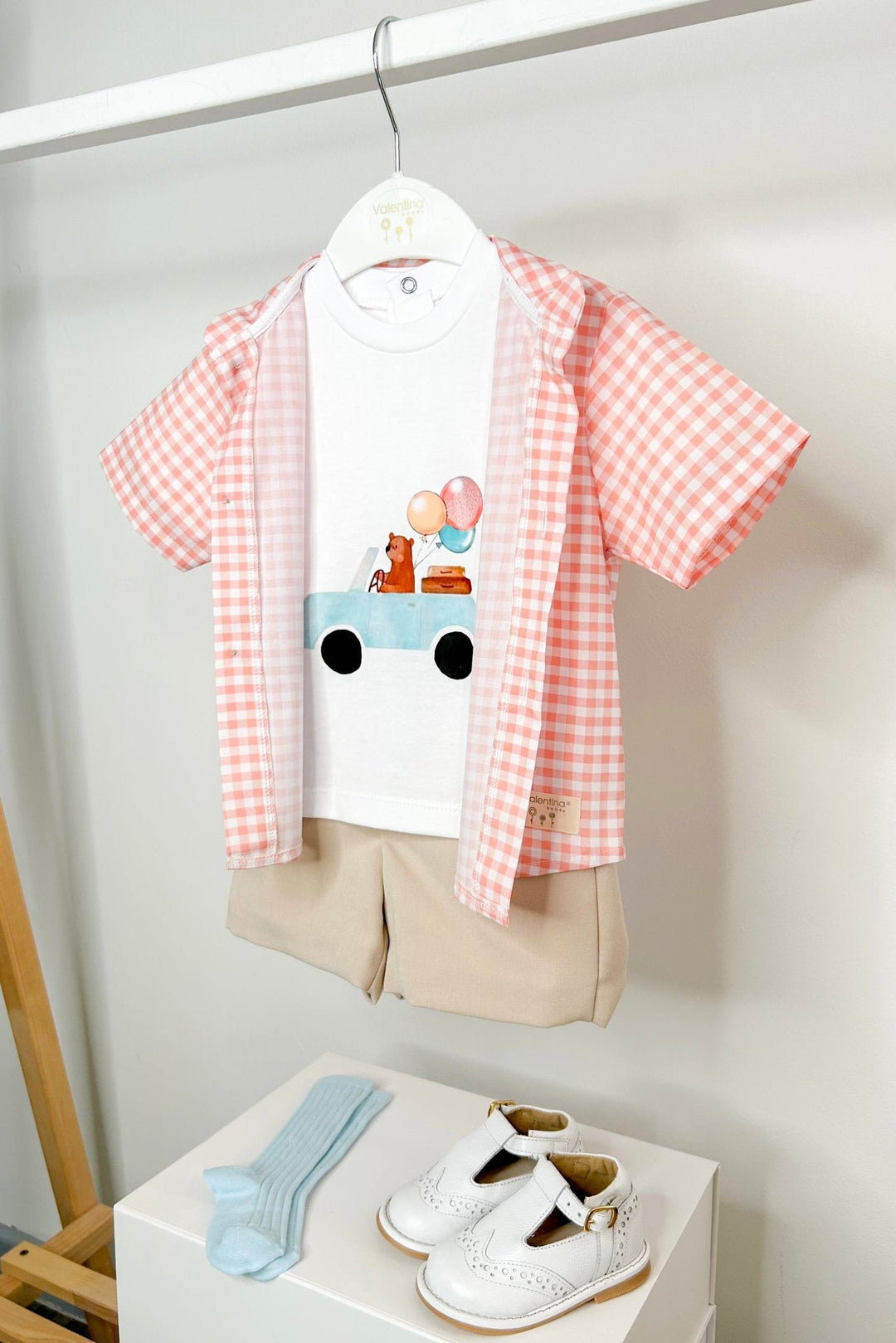 Valentina Bebés "Micah" Peach Gingham Shirt, T-Shirt & Shorts - Millie and John