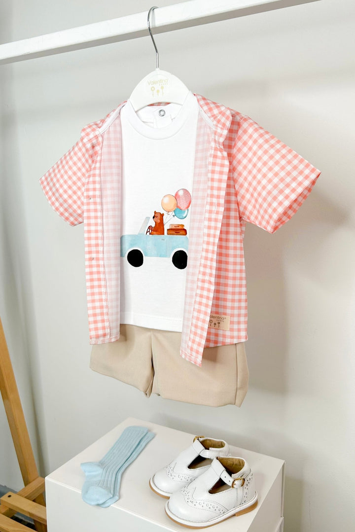 Valentina Bebés "Micah" Peach Gingham Shirt, T-Shirt & Shorts - Millie and John