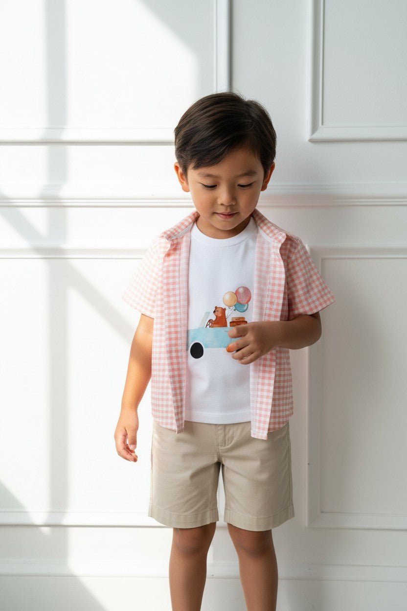 Valentina Bebés "Micah" Peach Gingham Shirt, T-Shirt & Shorts - Millie and John