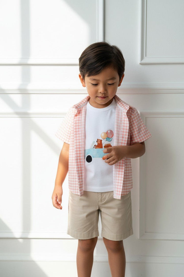 Valentina Bebés "Micah" Peach Gingham Shirt, T-Shirt &amp; Shorts - Millie and John