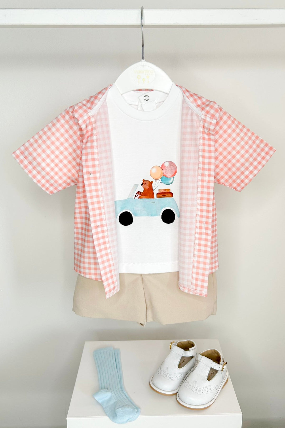 Valentina Bebés "Micah" Peach Gingham Shirt, T-Shirt & Shorts - Millie and John
