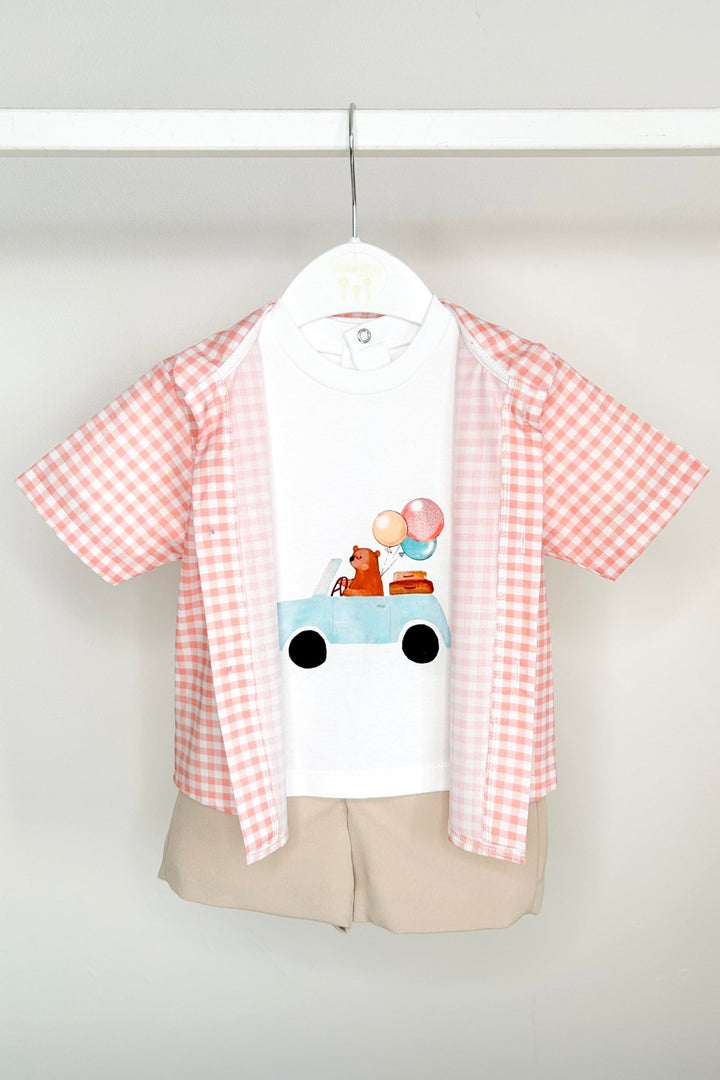 Valentina Bebés "Micah" Peach Gingham Shirt, T-Shirt & Shorts - Millie and John