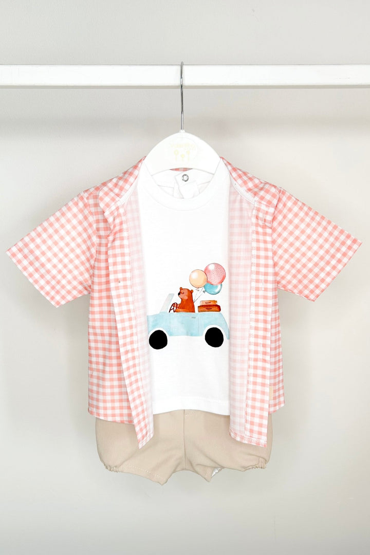 Valentina Bebés "Micah" Peach Gingham Shirt, T-Shirt & Shorts - Millie and John