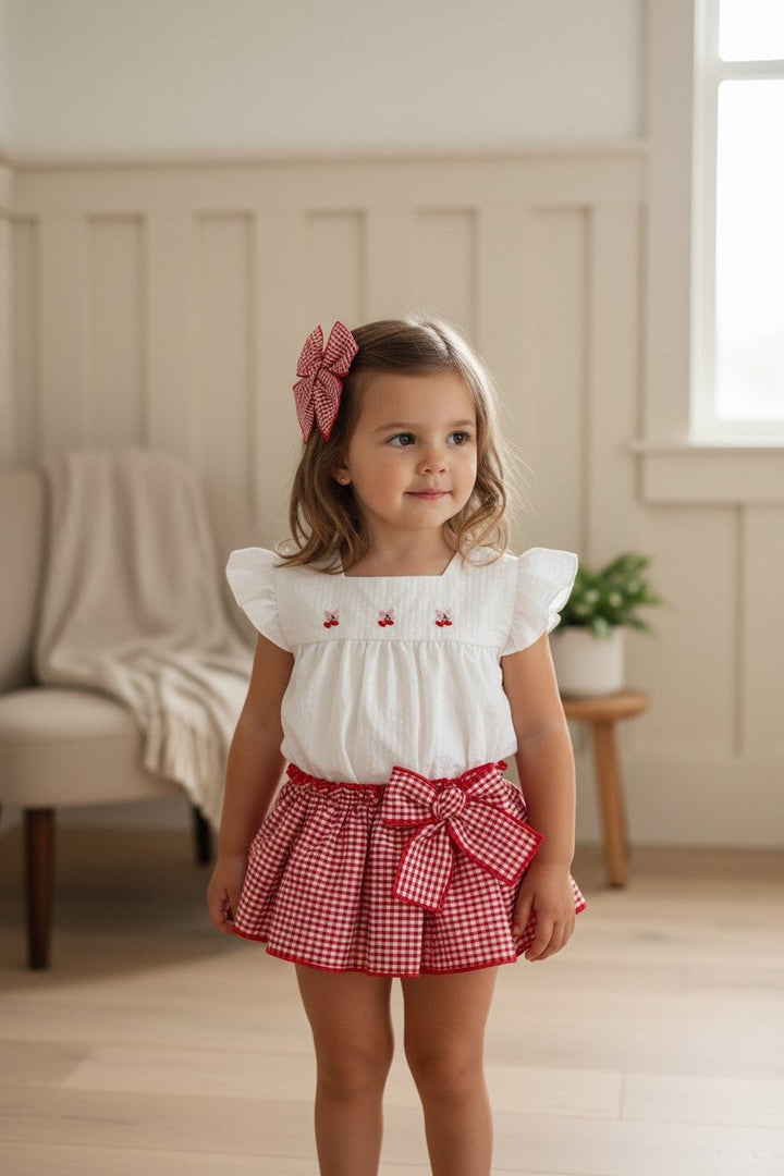 Valentina Bebés "Minnie" Red Gingham Cherry Blouse & Skort - Millie and John