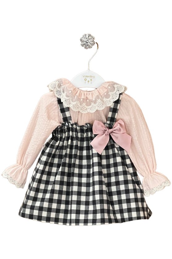 Valentina Bebes "Molly" Peach Blouse & Black Gingham Pinafore Dress - Millie and John