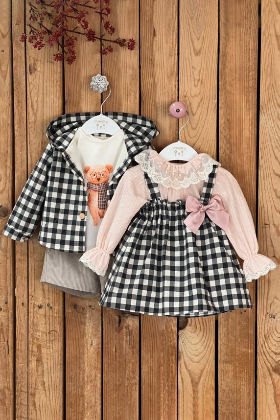 Valentina Bebes "Molly" Peach Blouse & Black Gingham Pinafore Dress - Millie and John