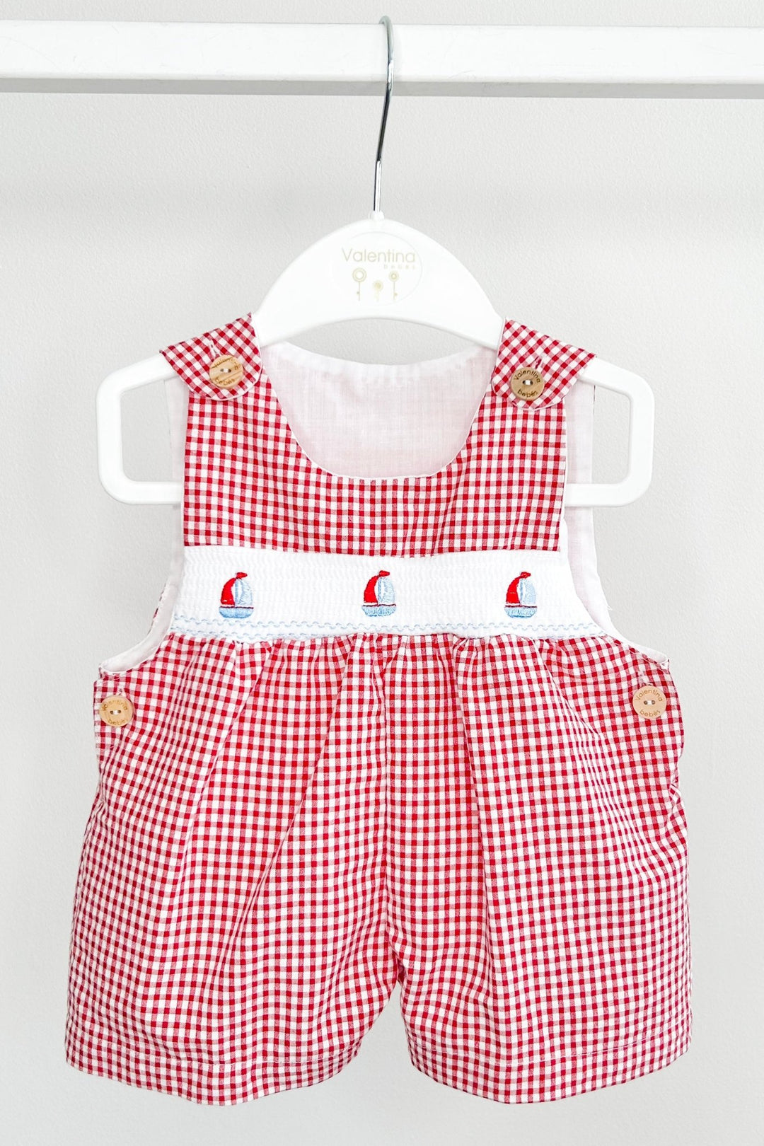 Valentina Bebés "Monty" Red Gingham Smocked Sailboat Dungarees - Millie and John