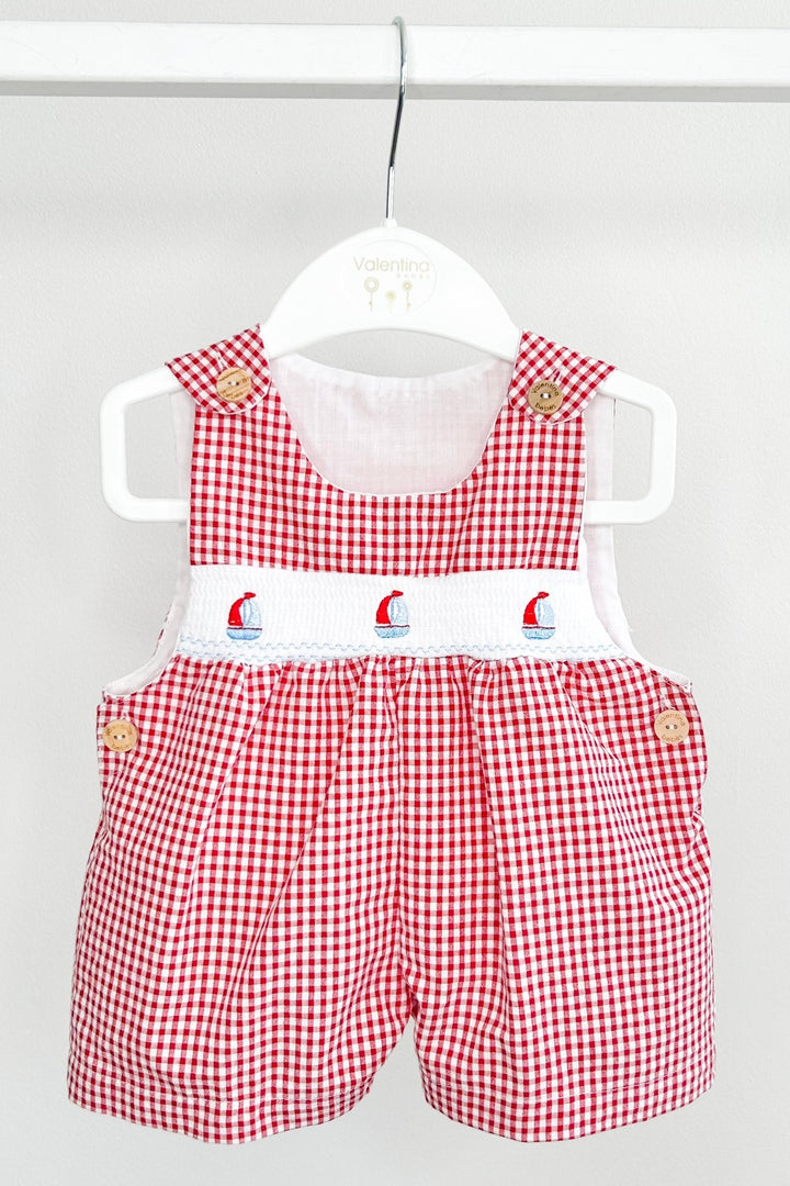 Valentina Bebés "Monty" Red Gingham Smocked Sailboat Dungarees - Millie and John