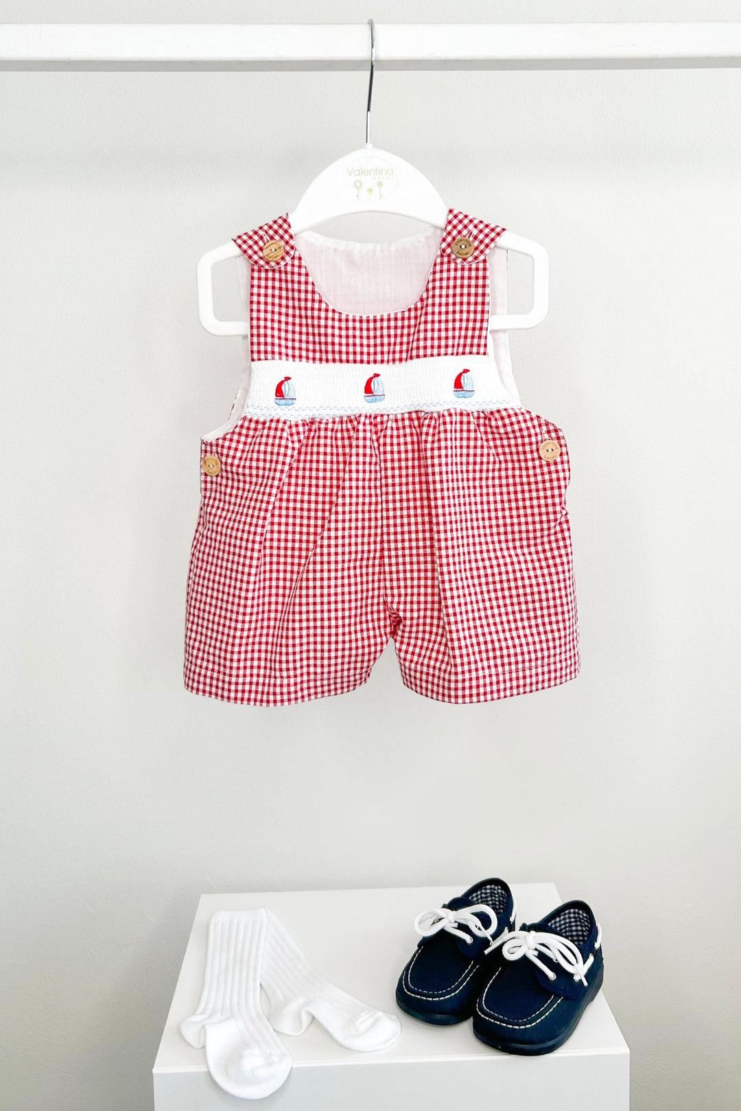 Valentina Bebés "Monty" Red Gingham Smocked Sailboat Dungarees - Millie and John