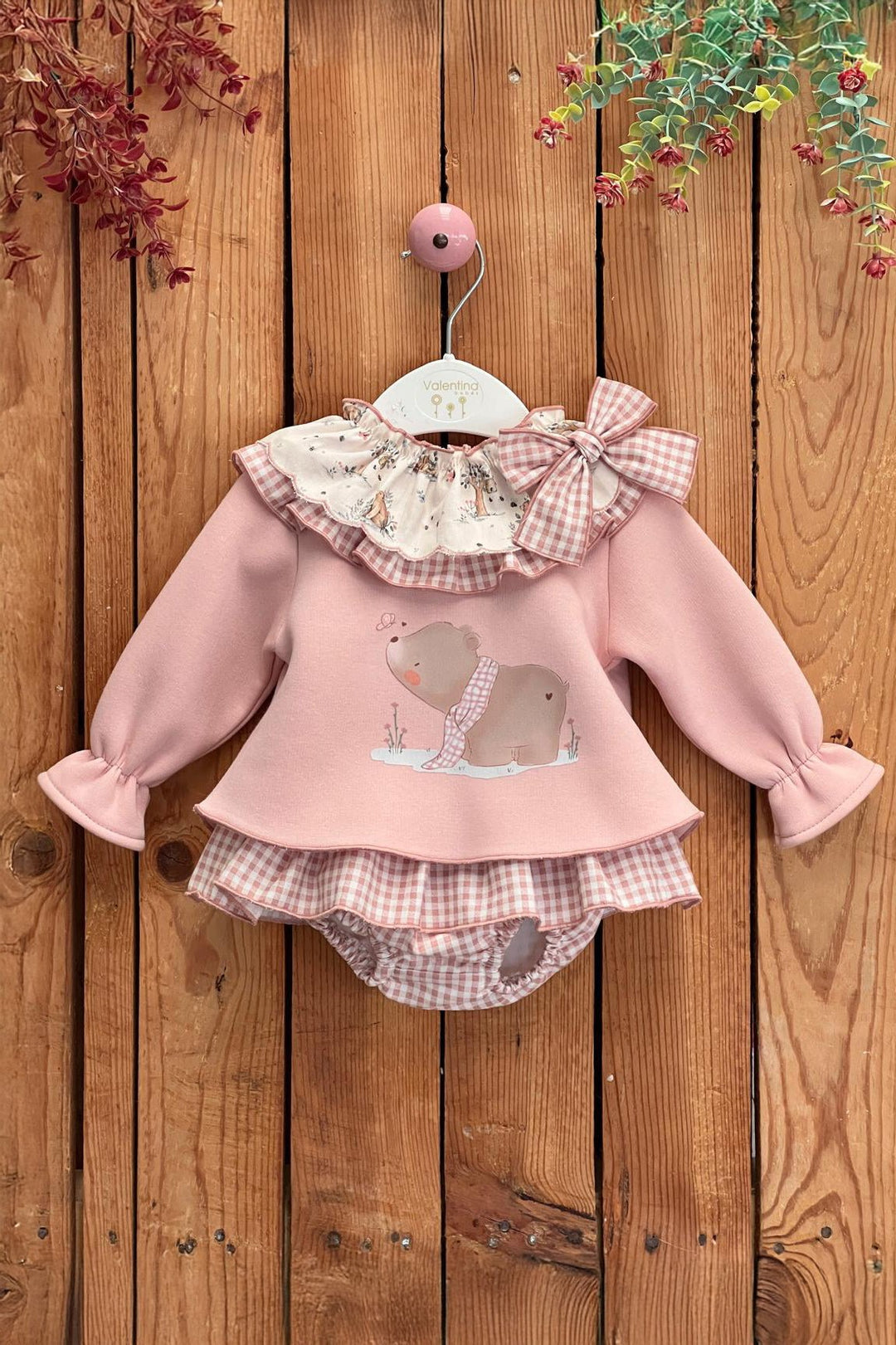 Valentina Bebés "Myla" Pale Pink Bear Sweatshirt & Gingham Skort - Millie and John