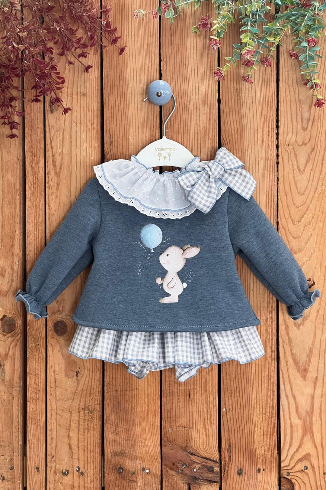 Valentina Bebés "Nancy" Dusky Blue Bunny Sweatshirt & Gingham Skort - Millie and John