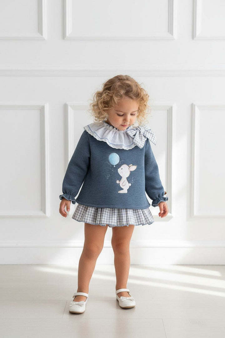 Valentina Bebés "Nancy" Dusky Blue Bunny Sweatshirt &amp; Gingham Skort - Millie and John