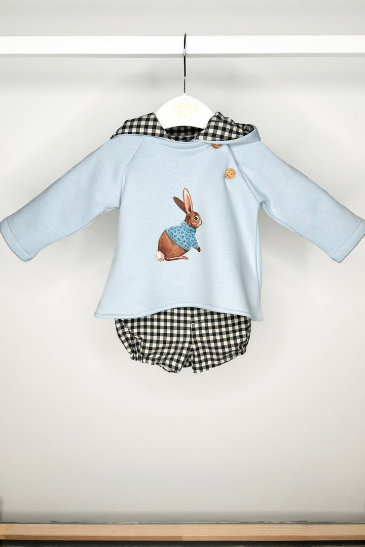 Valentina Bebes "Nash" Light Blue Bunny Hoodie & Black Gingham Shorts - Millie and John