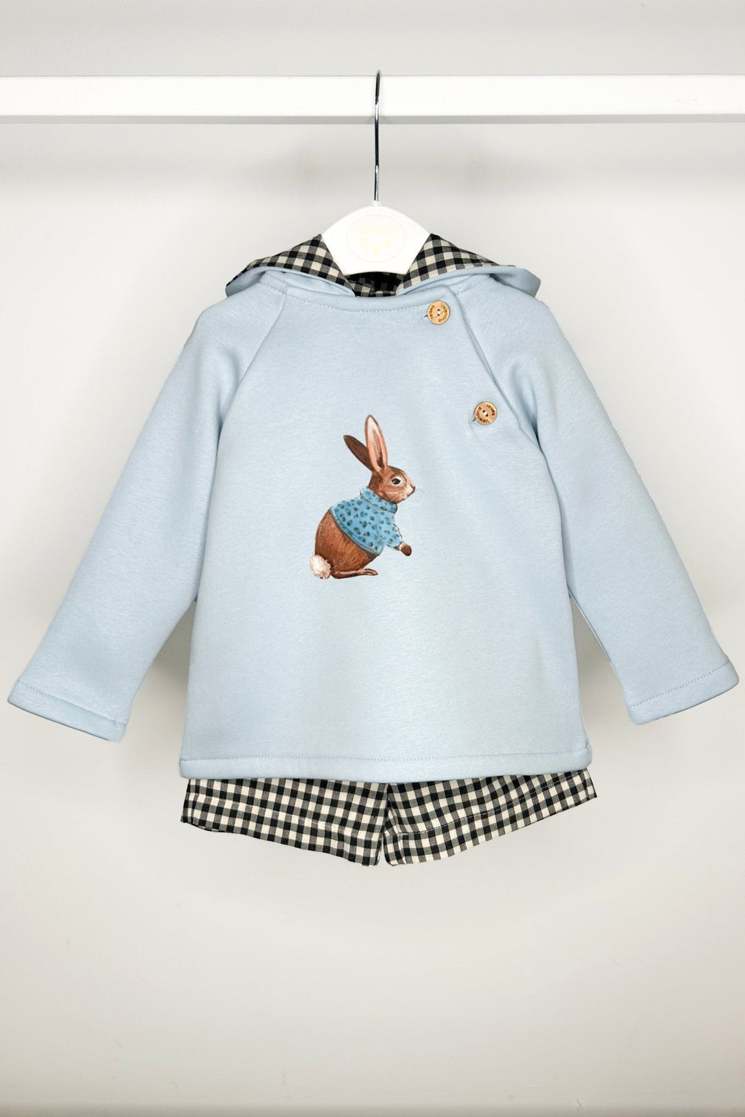 Valentina Bebes "Nash" Light Blue Bunny Hoodie & Black Gingham Shorts - Millie and John