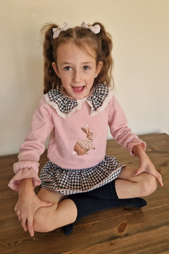 Valentina Bebes "Opal" Dusky Pink Bunny Sweatshirt & Black Gingham Skirt - Millie and John