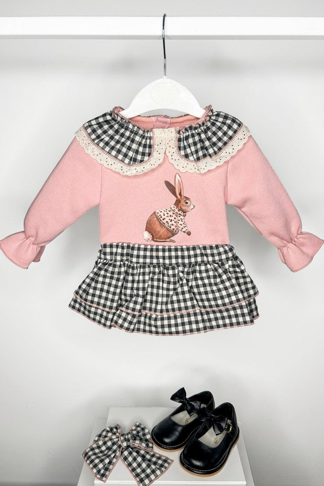 Valentina Bebes "Opal" Dusky Pink Bunny Sweatshirt & Black Gingham Skirt - Millie and John