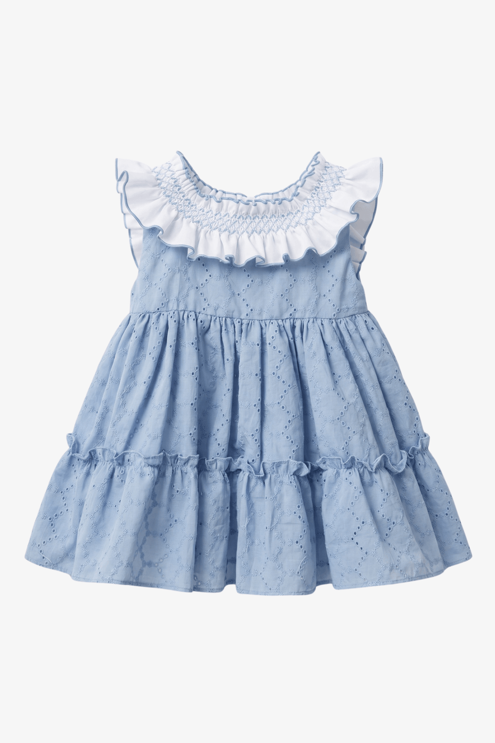 Valentina Bebés "Ophelia" Blue Broderie Anglaise Smocked Dress & Bloomers - Millie and John