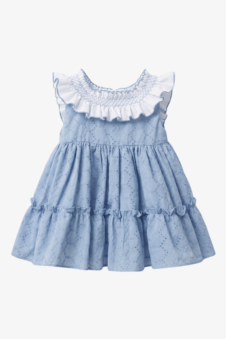 Valentina Bebés "Ophelia" Blue Broderie Anglaise Smocked Dress &amp; Bloomers - Millie and John
