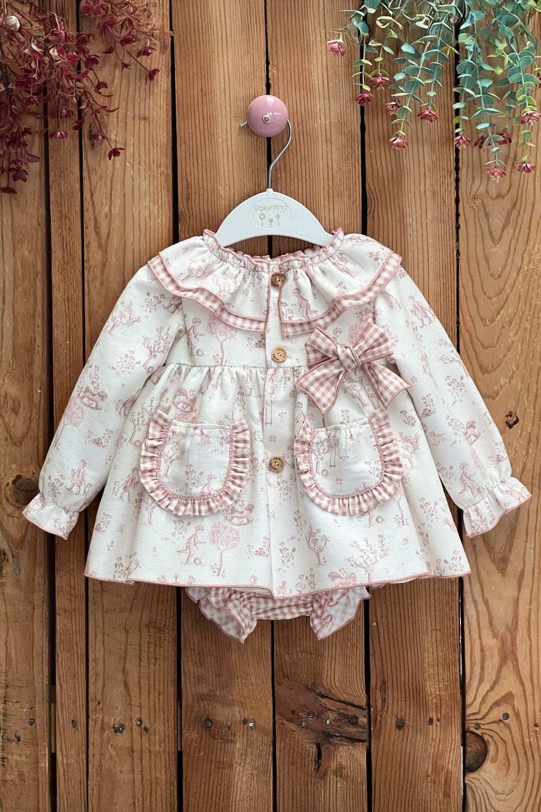 Valentina Bebés "Ottilie" Pale Pink Toile de Jouy Dress & Bloomers - Millie and John