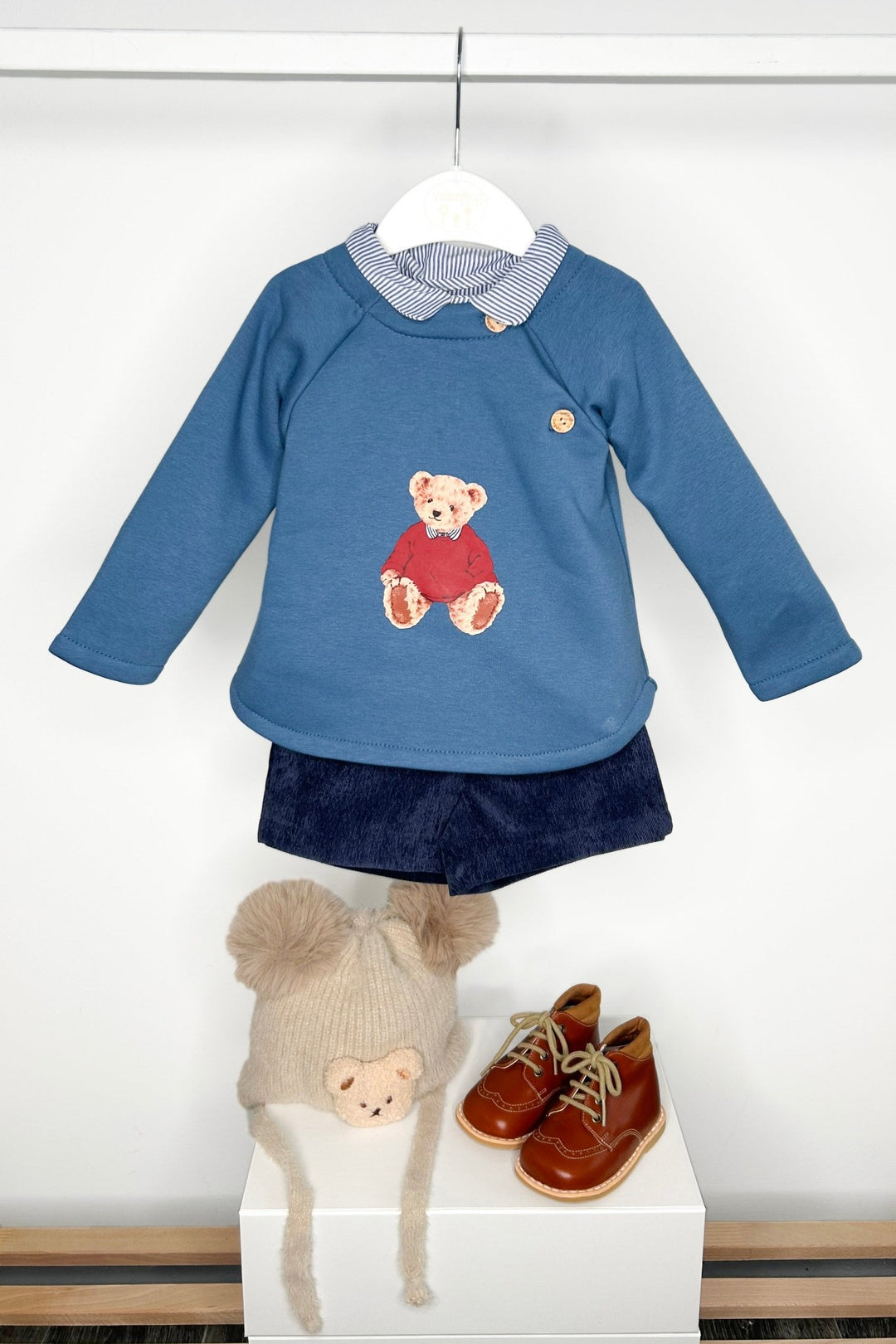 Valentina Bebes "Pedro" Dusky Blue Teddy Sweatshirt, Shirt & Shorts - Millie and John