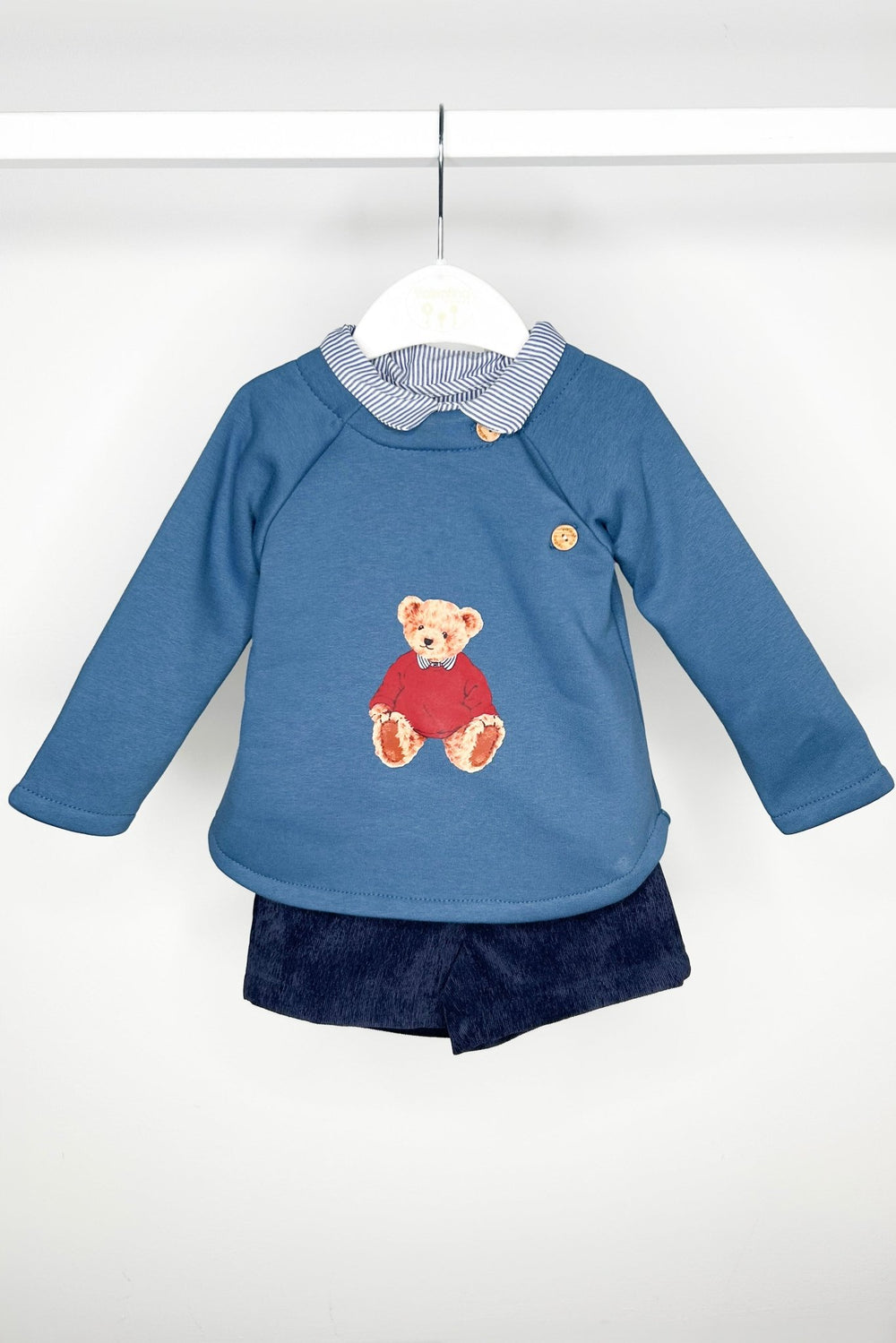Valentina Bebes "Pedro" Dusky Blue Teddy Sweatshirt, Shirt & Shorts - Millie and John