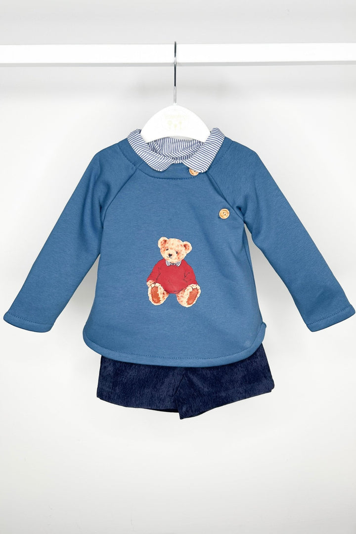 Valentina Bebes "Pedro" Dusky Blue Teddy Sweatshirt, Shirt & Shorts - Millie and John