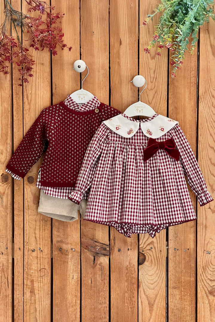 Valentina Bebés "Penelope" Burgundy Gingham Dress & Bloomers - Millie and John