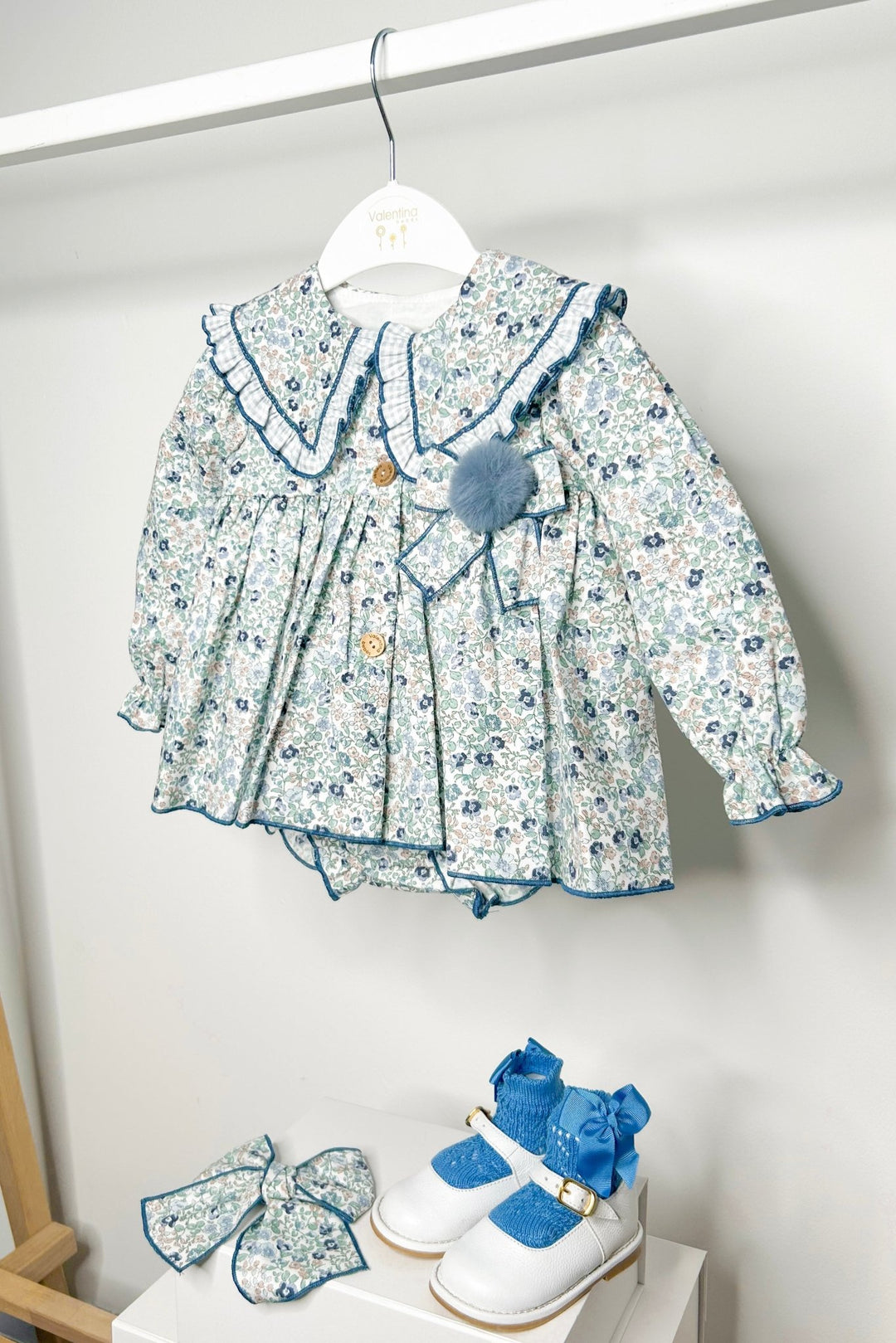 Valentina Bebes "Philippa" Dusky Blue Vintage Floral Dress & Bloomers - Millie and John