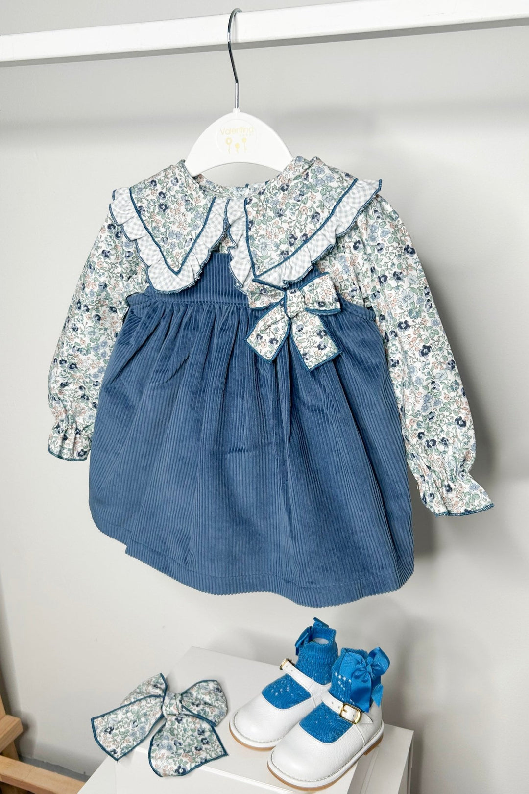 Valentina Bebes "Philomena" Dusky Blue Floral Pinafore Dress Set - Millie and John